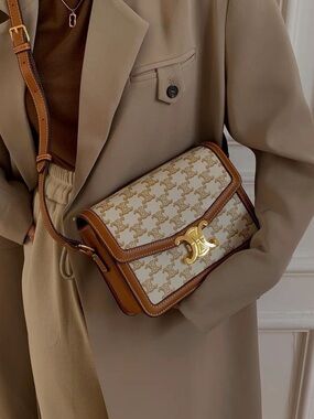 Triomphe Canvas Shoulder Bag in Cream and Brown